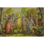 Harold Hope Read, ink and watercolour, Victorian parkland scene with figures, 8ins x 7.