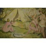 Harold Hope Read, ink and watercolour, nudes in a landscape beside a tent, 10ins x 15ins,