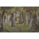 Harold Hope Read, ink and watercolour, figures in a park at dusk, 10ins x 12.