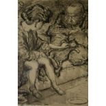 Harold Hope Read, monochrome ink and wash, two figures petting a cat on a sofa,