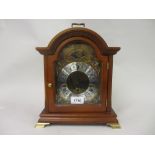 Modern reproduction mahogany three train bracket clock with moon phase dial