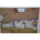 Watercolour on brown paper of a thatched cottage with chickens to the foreground,