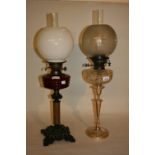 Silver plate and cut glass oil lamp with shade and chimney,