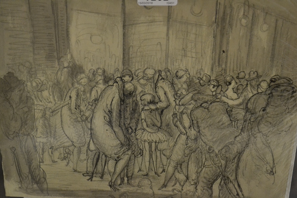 Harold Hope Read, ink and pencil drawing, street scene with figures before shop fronts, another,
