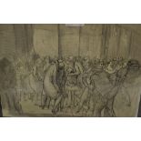 Harold Hope Read, ink and pencil drawing, street scene with figures before shop fronts, another,