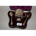 Victorian Sheffield silver five piece Christening set in fitted box, including mug, knife, fork,