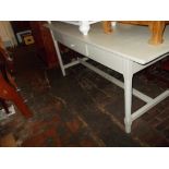 Rectangular painted pine farmhouse kitchen table on square chamfered supports with stretcher