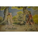 Harold Hope Read, pencil, ink and watercolour, young ladies walking through a park,