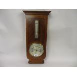 Edwardian mahogany crossbanded and line inlaid aneroid barometer thermometer