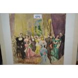 Harold Hope Read, ink and watercolour, a gathering of Victorian High Society, 11ins x 10.