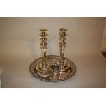 Pair of plated on copper candlesticks, circular plated tray, a post horn, ladle,