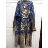 Chinese gold thread and silk embroidered dragon robe on a dark blue ground (some damages)