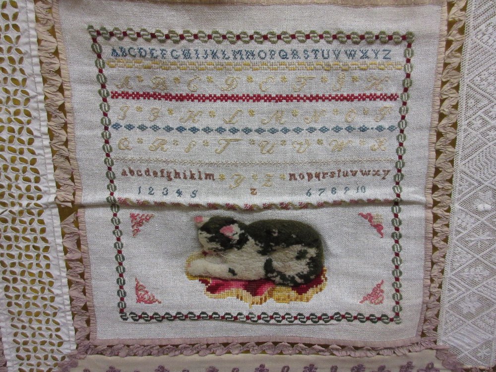 Unusual 19th Century needlework stump work lace and embroidery sampler with a hand worked patchwork - Image 2 of 4