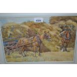 Watercolour, entitled ' Harvesting ', horses with haycarts, signed E.