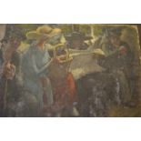 Harold Hope Read,, oil on unstretched canvas, figures seated on a park bench, 12ins x 17ins,