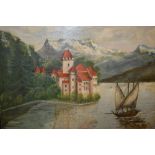 20th Century oil on board, Alpine lake scene with chateau, 20ins x 29ins,