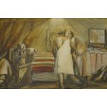 Harold Hope Read, pencil and watercolour, interior scene with two figures,