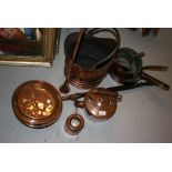19th Century copper kettle, warming pan, four saucepans, a jelly mould, a coaching horn,