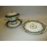 Minton plate with pierced border together with a Limoges sauce tureen decorated with a panel of