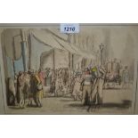 Harold Hope Read, ink and watercolour, street scene with figures on a pavement before shops,