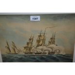 Framed aquatint, maritime battle off the island of Barbados with packet ship,