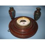 Circular wooden cased aneroid barometer together with two Japanese cloisonne vases (a/f)