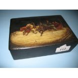 Russian rectangular papier mache cigarette box with a painted Troika scene to the cover,