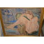 20th Century oil on canvas, study of a semi nude sleeping girl, signed indistinctly, 24ins x 29ins,