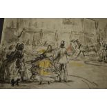 Harold Hope Read, ink and watercolour, Victorian figures in a street scene with  horses, another,