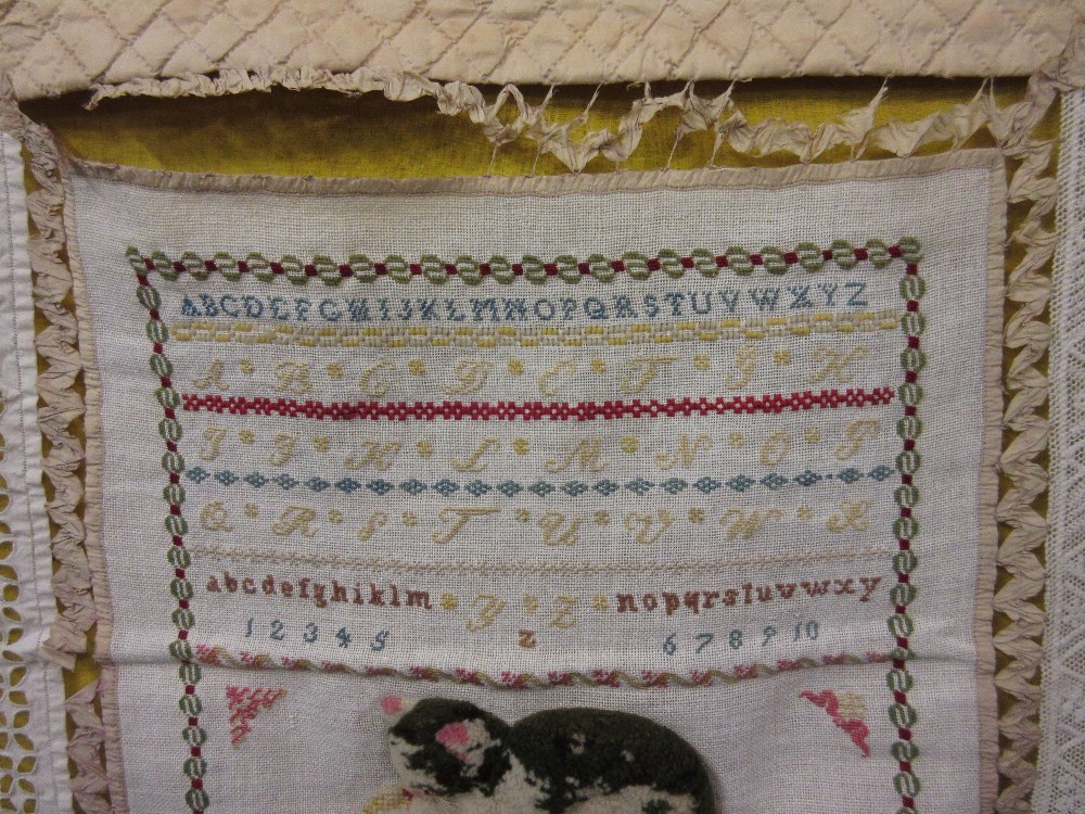 Unusual 19th Century needlework stump work lace and embroidery sampler with a hand worked patchwork - Image 4 of 4