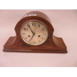 Edwardian mahogany and inlaid two train mantel clock with silvered dial and Arabic numerals