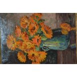 Gilt framed oil on canvas board, marigolds in a vase, signed, M.R.