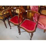 Pair of Edwardian mahogany shell and line inlaid corner chairs