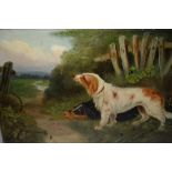 Attributed to William Woodhouse, unframed oil on canvas, portrait of two dogs in a landscape,