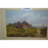 Small framed oil on card, landscape with cottages, inscribed verso ' Hurst Green, Near Oxted,