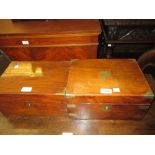 Two 19th Century walnut and brass mounted fold-over writing boxes (a/f)