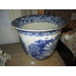 Blue and white transfer printed jardiniere together with a graduated set of three pottery water