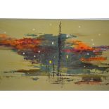 20th Century oil on canvas, abstract landscape, signed indistinctly and dated '67, 15ins x 33ins,