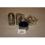 Silver three piece condiment set with blue glass liners (matched pepper pot) together with a