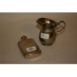 Silver hip flask and a silver cream jug