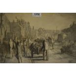 Harold Hope Read, sepia ink and monochrome wash street scene with figures,