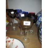 Set of six coloured overlay and cut glass goblets,