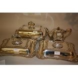 Pair of good quality rectangular plated entree dishes with covers and handles,