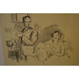 Harold Hope Read, monochrome watercolour, sketch of two figures in an interior, 13ins square,