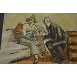 Harold Hope Read, watercolour, clergyman conversing with a lady, another, two ladies in an interior,