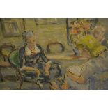 Harold Hope Read, oil on card, an interior scene with seated figures, 7.5ins x 9.