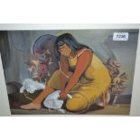 Similar gouache of a kneeling woman with cat by the same artist,