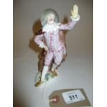 Late Meissen figure of a man wearing a grey hat and a pink and grey striped costume,