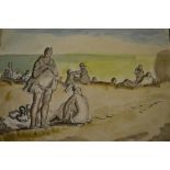 Harold Hope Read, ink and watercolour, beach scene with figures, 11ins x 15ins,