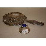 Circular capstan inkwell with blue and cream enamel decorated cover,